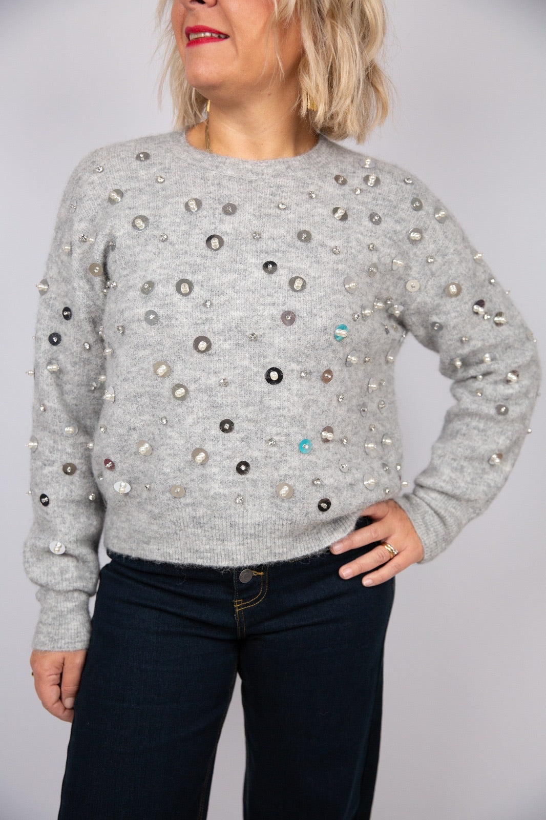 Icona Kaos Maglia Grigia con Perle e Paillettes